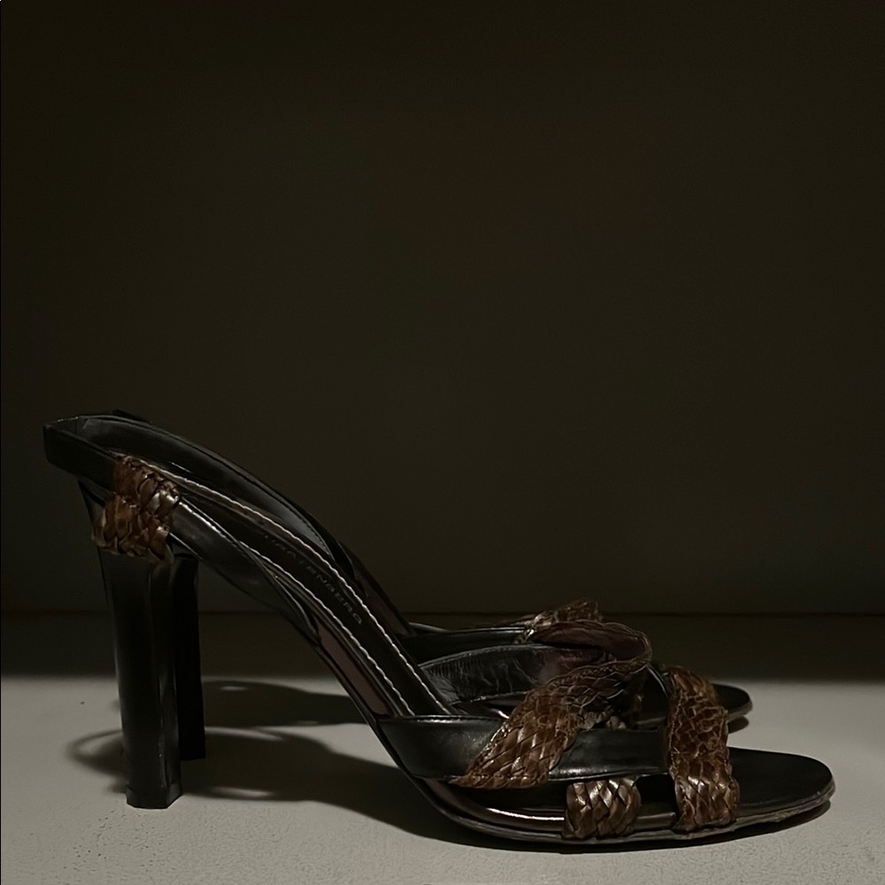 Diane Von Furstenberg Black Sandal Heels with Brown Braided Straps